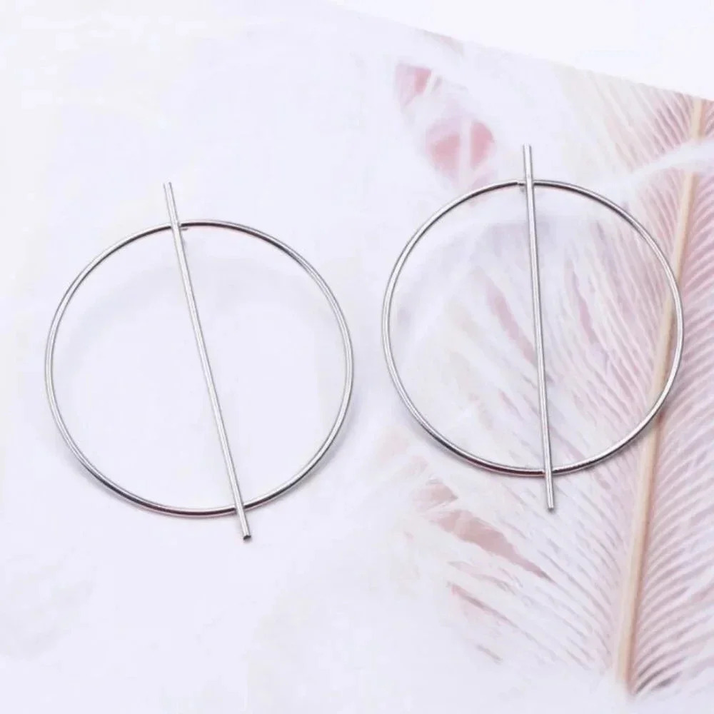 Silver Bar & Circle Big Geometric Hoop Earrings